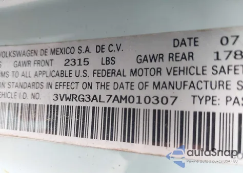 2010 Volkswagen New Beetle z USA, uszkodzony, nr VIN 3VWRG3AL7AM010307